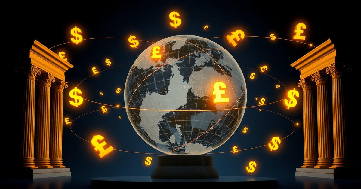 Trading de Forex: globo de mármol rodeado de símbolos dorados de divisas