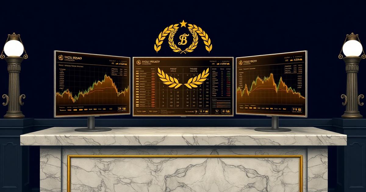 Reseña de RORMarkets: escritorio de mármol con paneles de trading dorados